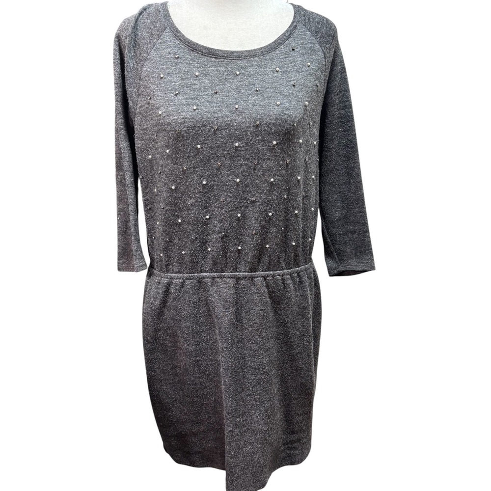 Ann Taylor LOFT Grey Knit Pearl‎ Rhinestone Embellished Dress  Size S #951